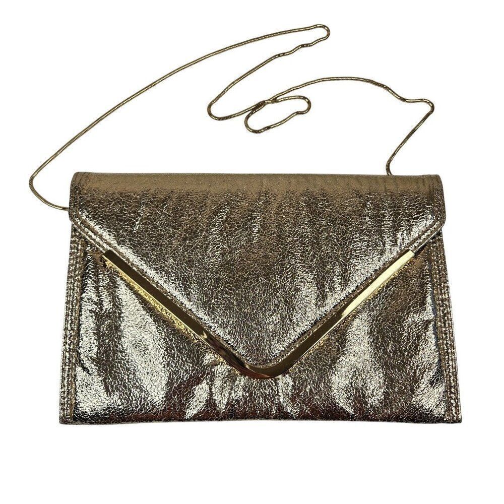 Bebe Metallic Gold Envelope Clutch Bag Purse Chain Strap